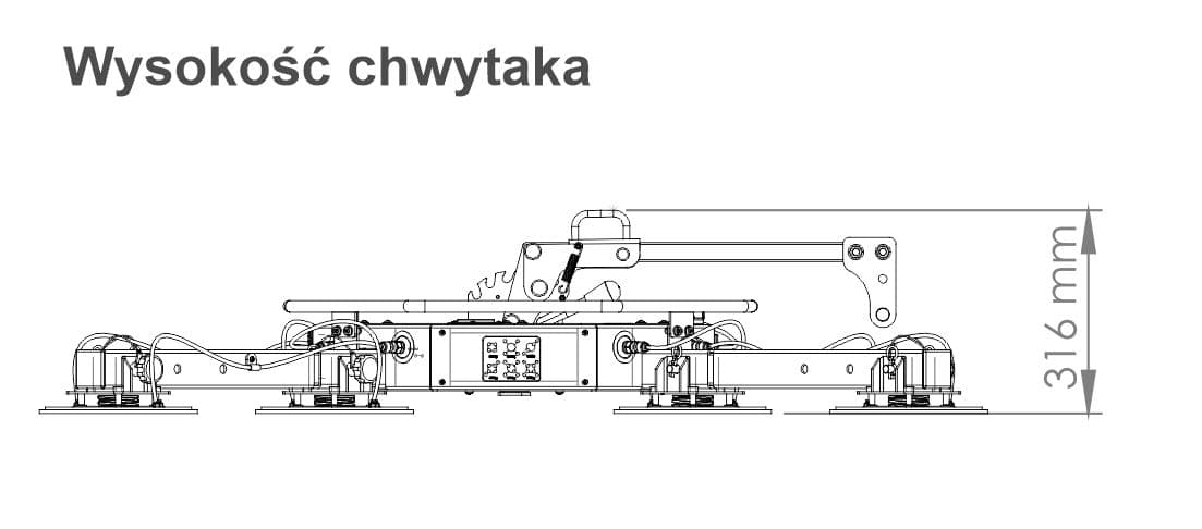 Rysunek techniczny z wymiarami chwytaka próżniowego XP wysokość